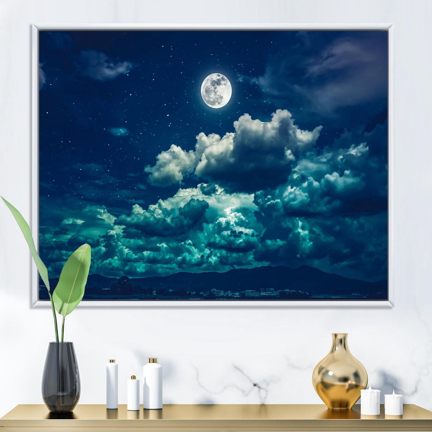 Designart Pleine lune dans le ciel nocturne nuageux II ART MURAL À CADRE FLOTTÉ