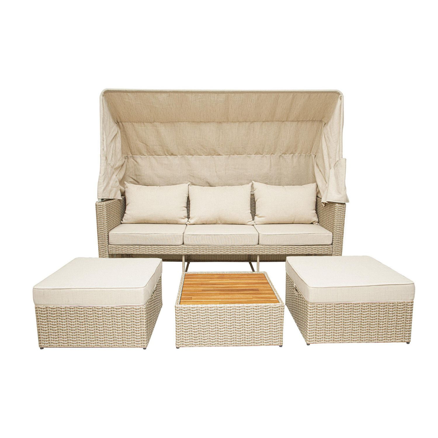 Deko Living Canapé de patio extérieur en osier 5 places avec auvent et pouf avec table