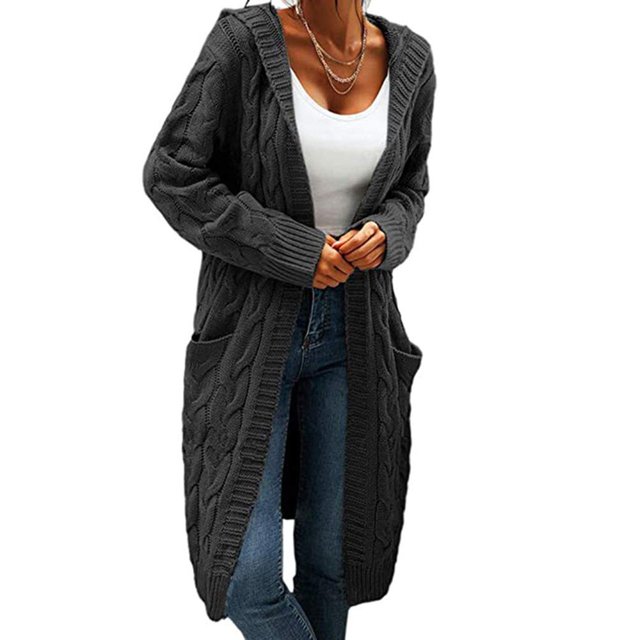 Women Hooded Open Front Cardigan Cable Knit Sweaters Solid Chunky Long Sweater Coats with Pockets