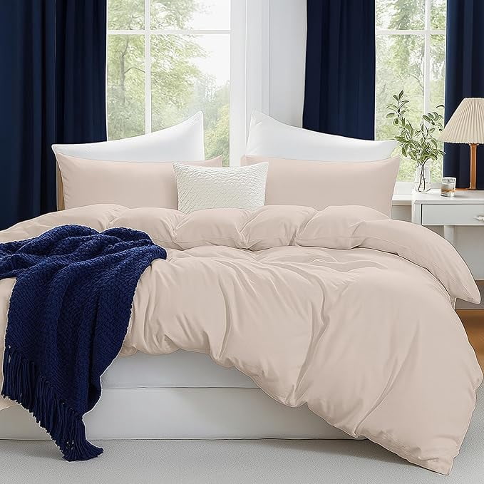 Beddora 3 Piece Duvet Cover Set, 100% Cotton Breathable Bedding Set, Soft Comforter Cover with 2 Pillow Shams, queen - light brown