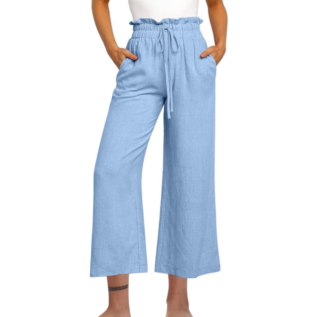Yuyuzo Cotton Linen Pants for Women High Waisted Ruffle Drawstring Wide Leg Ankle Length Trousers
