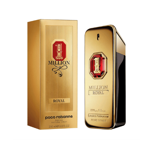 1 Million Royal by Paco Rabanne Parfum 6.8oz/200ml Spray, presented in a gold and black bottle with a red emblem, accompanied by a matching gold box. This versatile fragrance, categorized under perfumes, is new and comes in its original packaging.