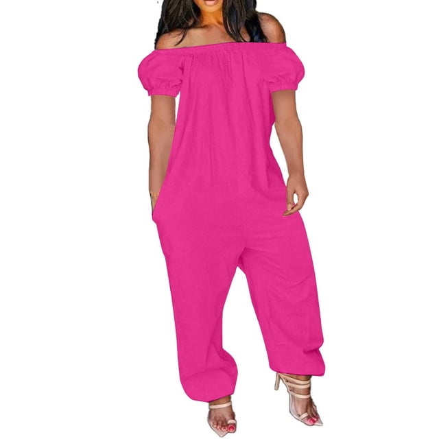 Birdeem Combinaison Pantalon Ample à Épaules Dénudées à Manches Courtes pour Femmes, Couleur Unie