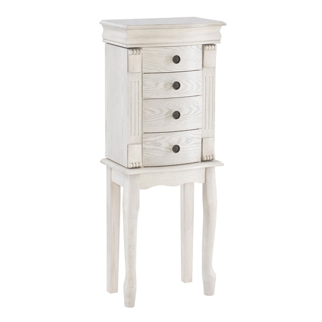 Michelle Jewelry Armoire in off-white with four drawers featuring antique burnished round pulls, ornate carved details, and cabriole legs, offering compact jewelry storage with black felt-lined drawers and side hooks for necklaces.