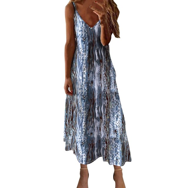 Ovzne Robes d'Été pour Femmes 2025 Robe Femme Robes d'Été pour Femmes Imprimé Sans Manches Col Rond Robe Décontractée Robes Robe Femme Imprimée Liquidation
