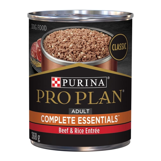 Purina Pro Plan Complete Essentials Beef & Rice Entrée wet dog food can 368 g featuring minced beef and rice texture on the label, formulated for adult dogs with balanced nutrition, essential vitamins, and omega-6 fatty acids to support healthy skin and coat.