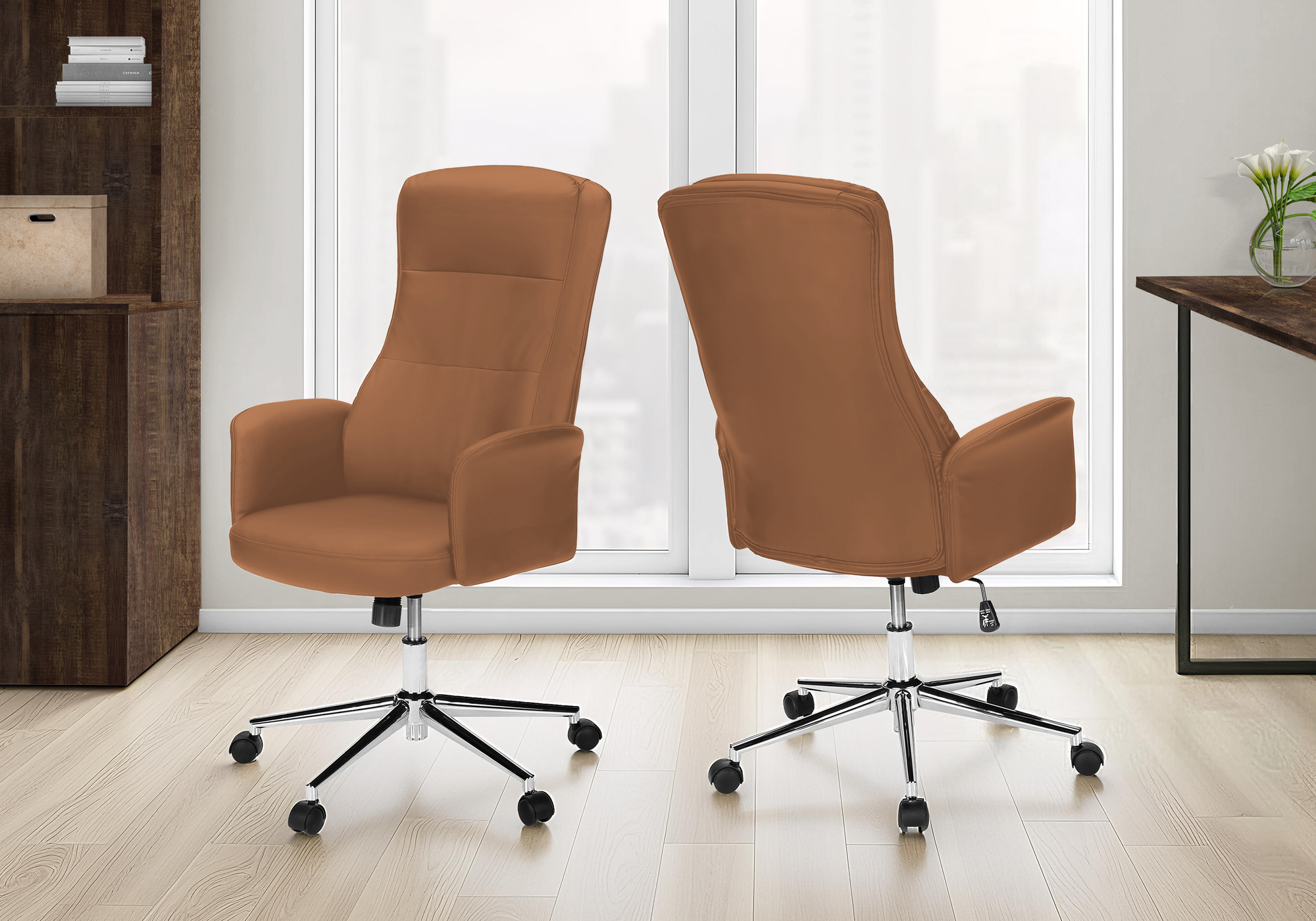 Monarch Specialties - Chaise De Bureau, Pivotant, Hauteur Réglable, Accoudoir, Ergonomique, Travail, Aspect Cuir Brun, Métal Chromé, Contemporain, Moderne