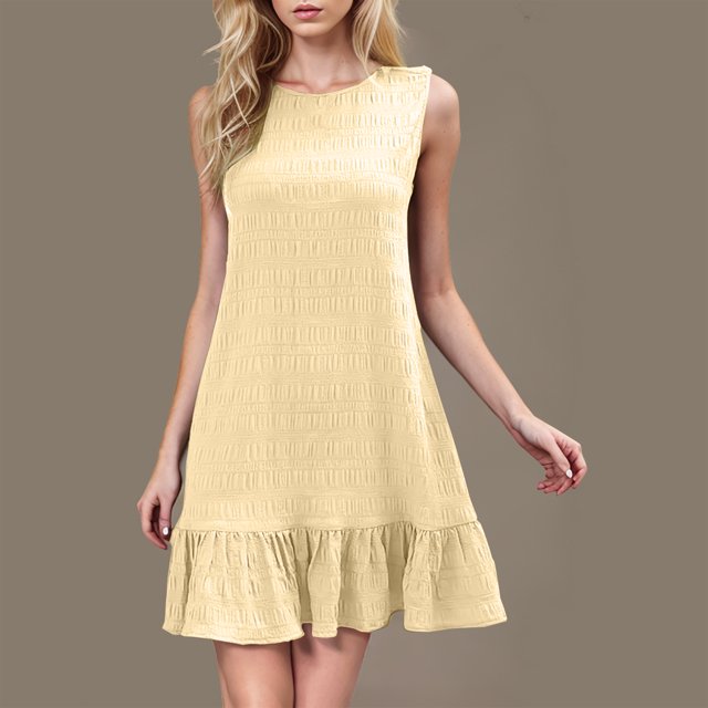 Ovzne Robes d'Été pour Femmes 2025 Robe de Plage Femme Couleur Unie Décontractée Couleur Unie Col Rond Bouton Arrière Sans Manches Robe de Printemps Liquidation
