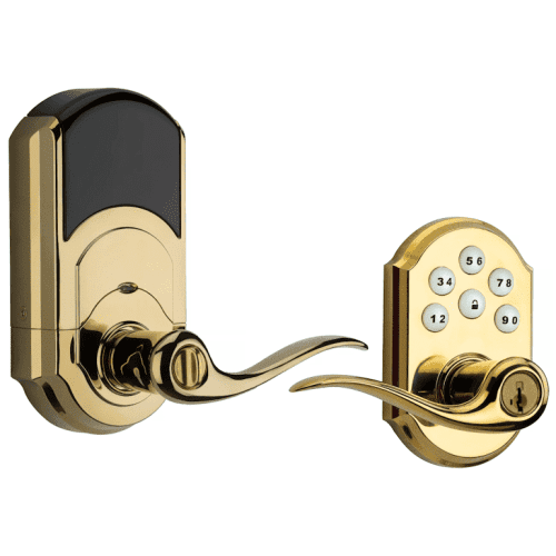 Weiser Smartlock Electronic Lever with Z-Wave Technology (Featuring SmartKey) in brass finish, shown in a front-facing view. The lock features a keypad with illuminated numbers, a sleek lever handle, and a motorized locking mechanism. Compatible with Amazon Alexa via Samsung SmartThings or Wink, it offers 30 user access codes, one master code, and automatic locking after 30 seconds. Designed for interior doors like home offices or storage rooms, it fits standard residential door preparations and installs easily with a screwdriver.