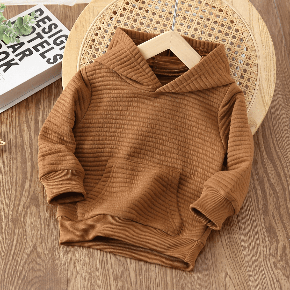 PatPat Toddler Boy/Girl Sweatshirts Solid Color Textured Hoodies Sweatshirt, Brown,3T,Clearance