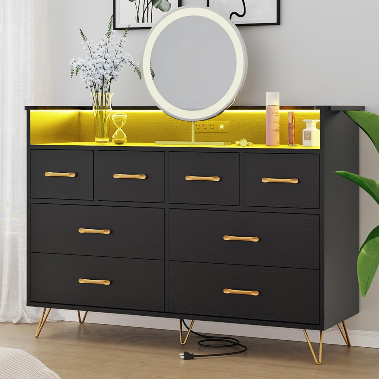 Black Dresser for Bedroom with LED Light & Charging Station, 8 Drawers Wooden Dressers with Open Space, Modern Chest of Wide Drawers for Living Room, Entryway, Hallway