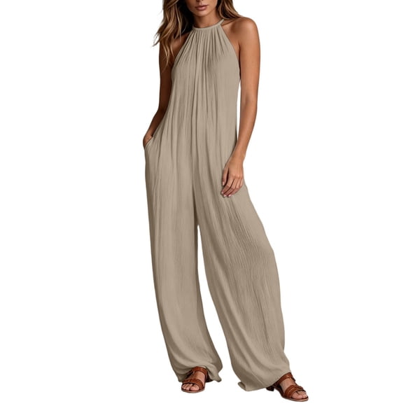 HJYCHN Womens Jumpsuit White Pleated Wide Leg Flowy Summer Resort Piece Jumpsuits for Women Beige XL