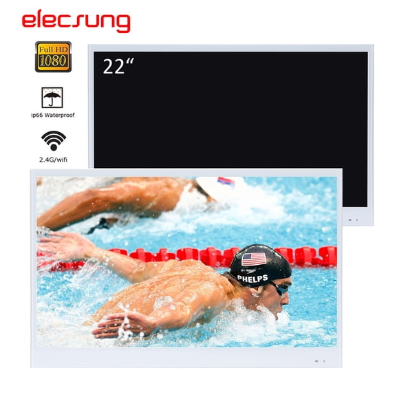 Elecsung 22" Smart White Waterproof Bathroom TV with WiFi & ATSC Tuner, IP66 LED Shower Television, Wall Mount Smart TV