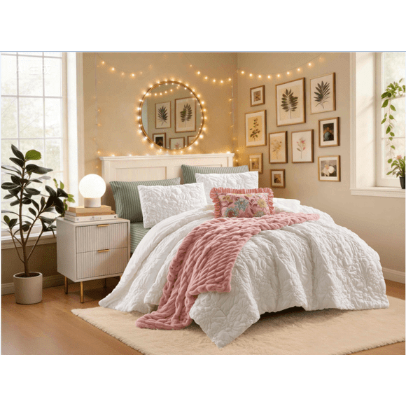Mainstays DQ Elastic Bobbin Comforter Set, 3-Piece, White, All Ages
