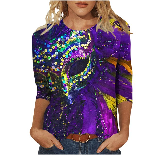 Penkiiy 2024 Blouse Mardi Gras pour Femmes T-Shirt Quotidien Manches 3/4 Blouse Imprimé Masque Haut Carnaval Col Rond Chemise Décontractée L Multicolore