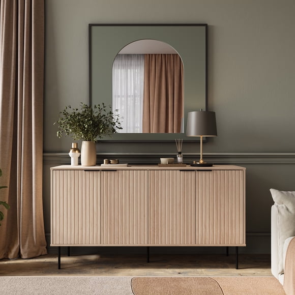 Corliving Lysander Fluted Engineered Wood 4 Door Sideboard with 4 Shelves, Light Brown