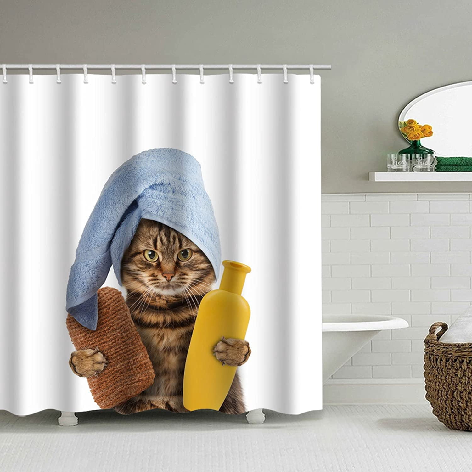 Shower Curtains, Fabric Shower Curtain Liner Cat Blue Shower Stall Curtain with 12 Hooks for Home Hotel Machine Washable Curtain Waterproof Bathroom Shower Curtain (72" X 72")