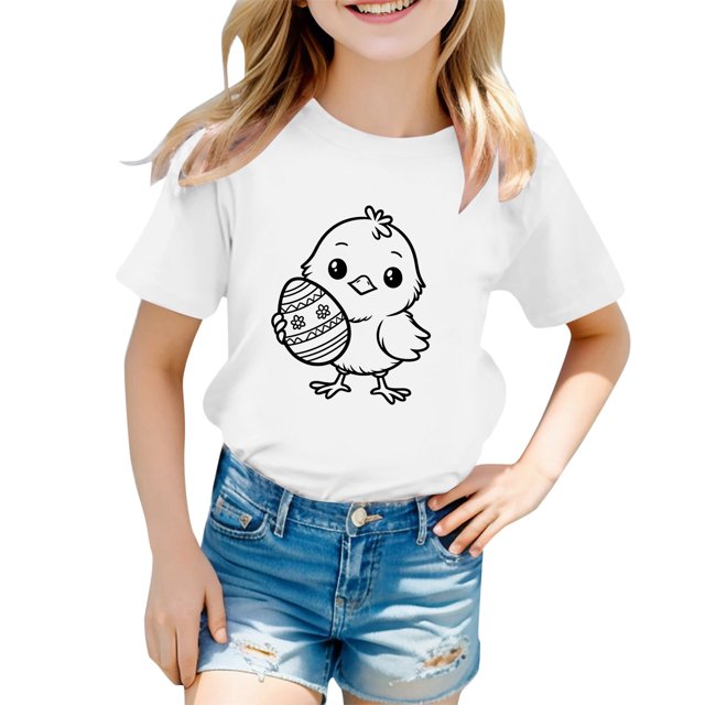 PMVFHDE Tenue de Pâques Fille T-Shirt Graphique de Pâques / Imprimé Lapin et Oeuf Manches Courtes Col Rond / T-Shirt de Fête en Coton Doux pour Tout-Petit / Tenue Décontractée Printemps Été Blanc,12-13 Ans