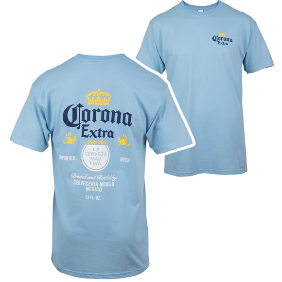 Corona Extra Label Light Blue Front and Back Print T-Shirt-Small