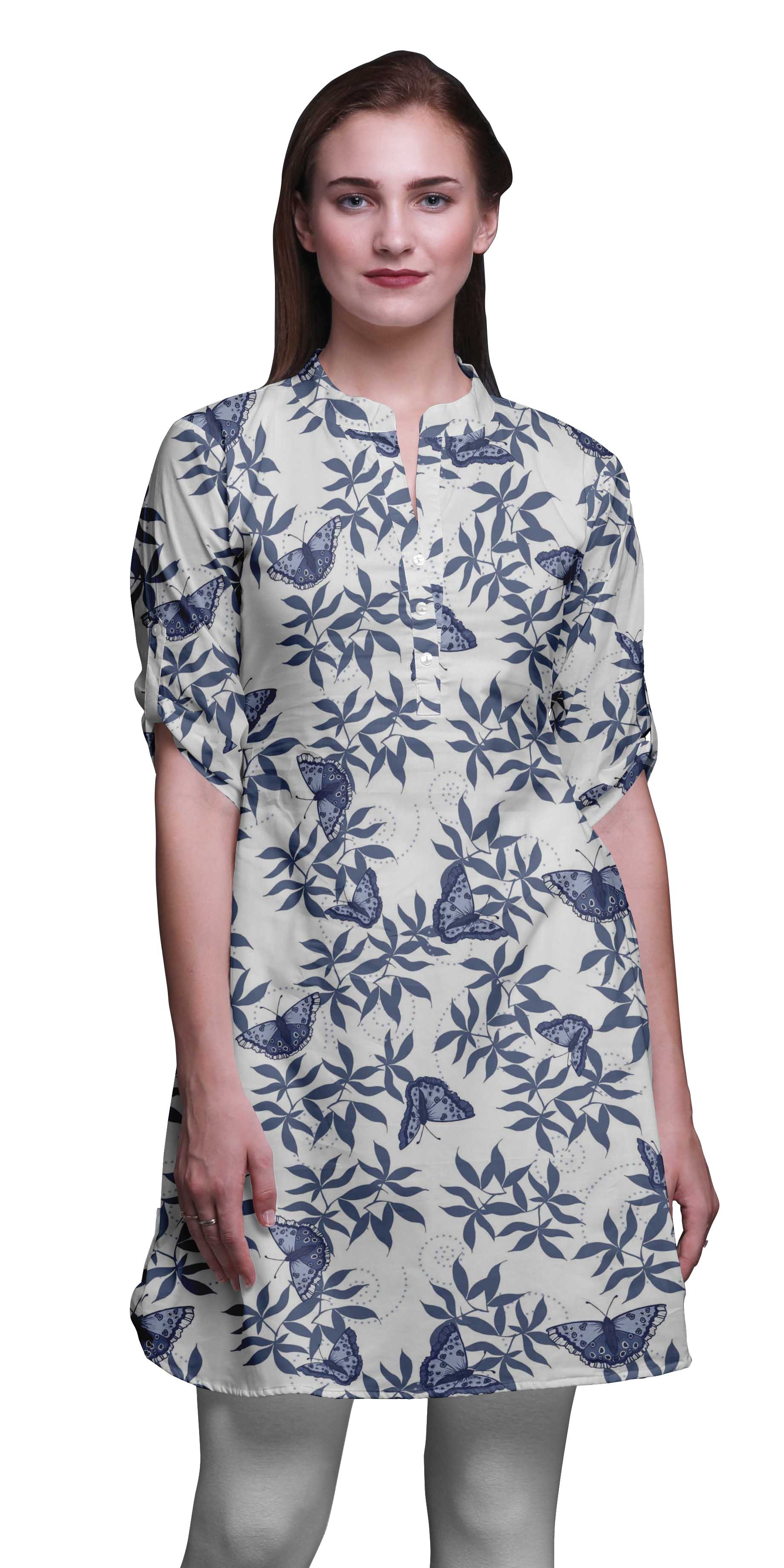 Bimba Indian Short Kurtis For Women Printed Tunic Roll Up Sleeve Shirt
