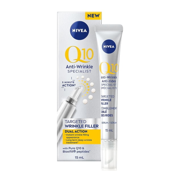NIVEA Q10 Anti-Wrinkle Specialist Targeted Wrinkle Filler 15 mL face serum tube and box, with Pure Q10 and Bioxifill peptides for instant wrinkle filling and long-term wrinkle reduction, ideal for targeted treatment of fine lines and deep wrinkles in an anti-aging skincare routine.