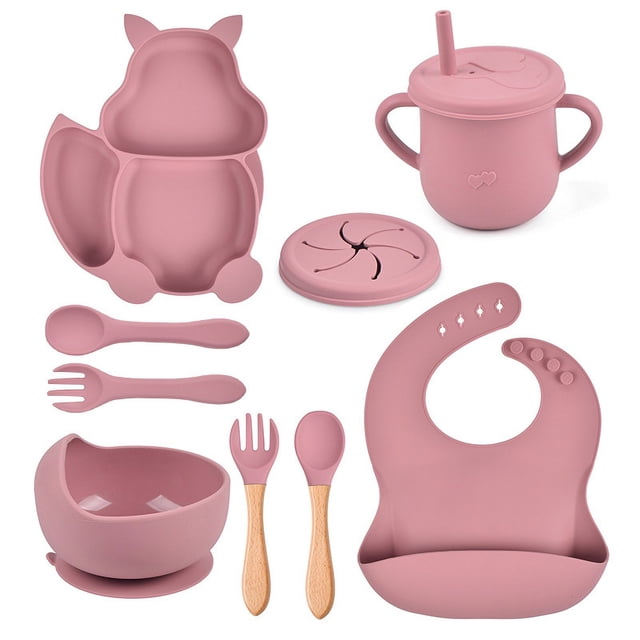 Yeacher Squirrel silicone tableware baby silicone food supplement set baby fork spoon integrated silicone plate