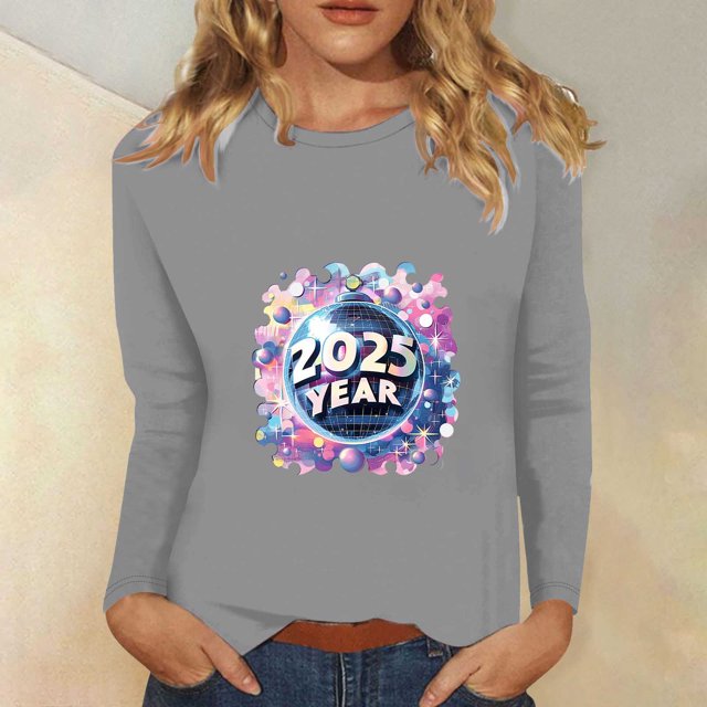 Styesk Chemises à Manches Longues pour Femmes Nouvel An T-shirt Décontracté Imprimé Col Rond Manches Longues