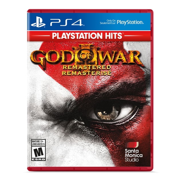God of War III Remastered (PS4) Couverture de Jeu Mettant en Vedette un Gros Plan de Kratos' Oeil avec Peinture red War sur Peau Pâle, sous la Bannière PlayStation Hits, Homologué m pour Mature par ESRB, Développé par Santa Monica Studio, Convient aux fans de Jeux d'Action de la Mythologie Grecque.