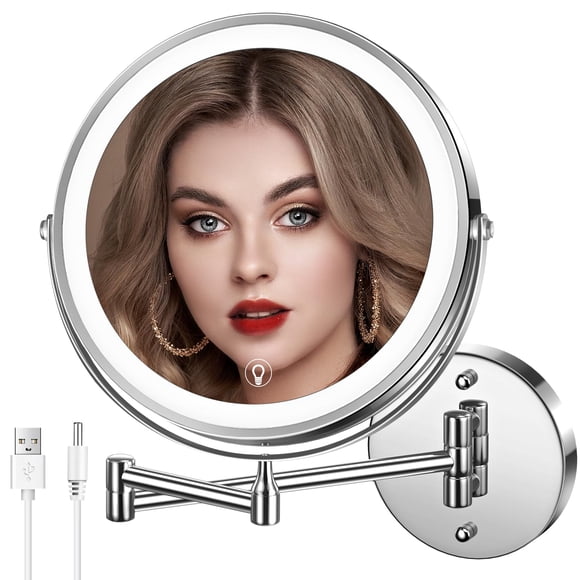 MNIENT Wall Mounted Lighted Makeup Mirror, 8" Rechargeable Double-Sided Magnifying Mirror 1x/10x, 3 Colors Led Vanity Mirror with Lights, Touch Dimma