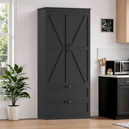 Homfa 70'' Tall Kitchen Pantry with Shelf & Drawer, Farmhouse 2 Door Pantry Storage Cabinet for Dining Room Living Room, Black