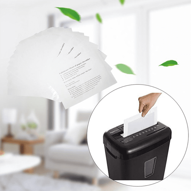 48PCS Paper Shredder Lubricant Sheets displayed in a stack with visible text instructions, paired with a circular inset showing a hand inserting a lubricant sheet into a black office shredder. These sheets clean and lubricate shredder blades, prevent paper jams, and enhance shredder efficiency. Ideal for office shredder maintenance and compatible with most shredder models.