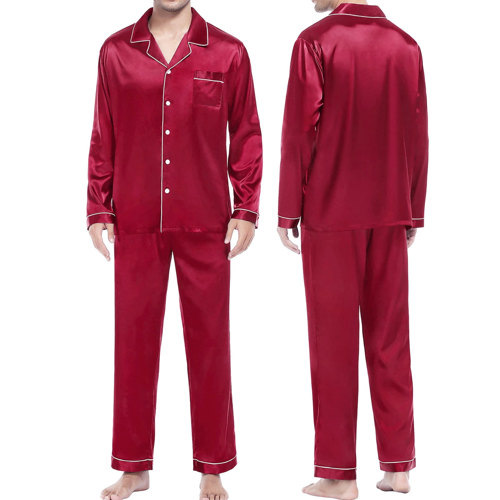 Bramtres Pajama Sets for Women 2 Piece Silk Pajamas Men's Pyjamas Long Sleeve Blouse Button Silk Satin Two Piece Sleepwear Suit Pant Pyjama Satin Pajama Set Womens Pajama Sets Hot Pink M
