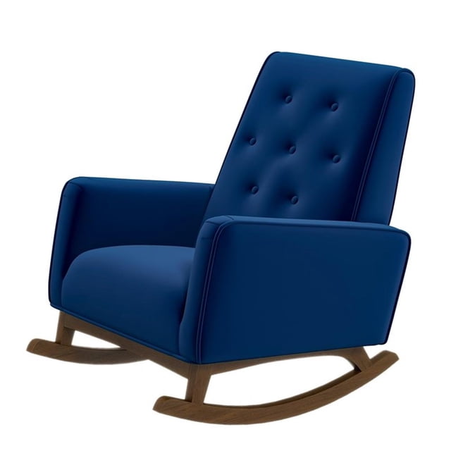 Fauteuil Berçant pour Chambre de Bébé en Velours Bleu Dalston, Dossier Fixe, Style Mi-Siècle Moderne
