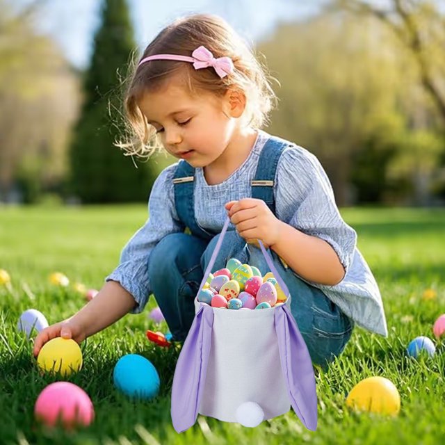 Ovzne Panier Queue de Lapin à Longues Oreilles en Coton et Lin Panier Rond Sac-Cadeau de Pâques Sac à Main Panier de Rangement pour Oeufs de Pâques Sac de Rangement en Liquidation