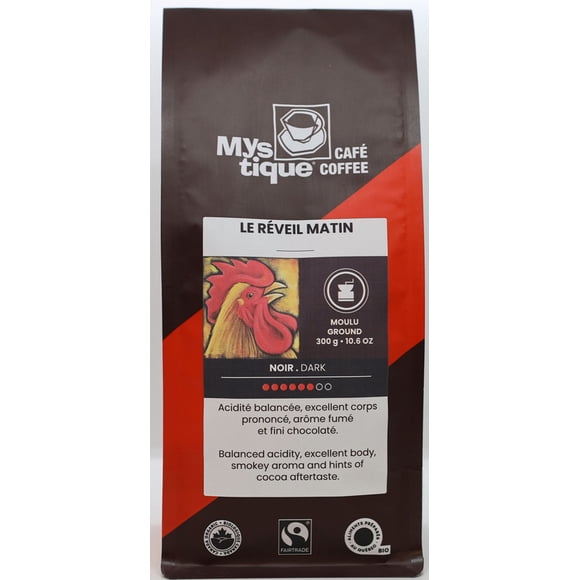 Mystique Coffee, LE RÉVEIL MATIN, Blend, Dark roast, coffee 100% arabica, Specialty Grade Coffee, Fairtrade & Organic, Filter Ground, 300g