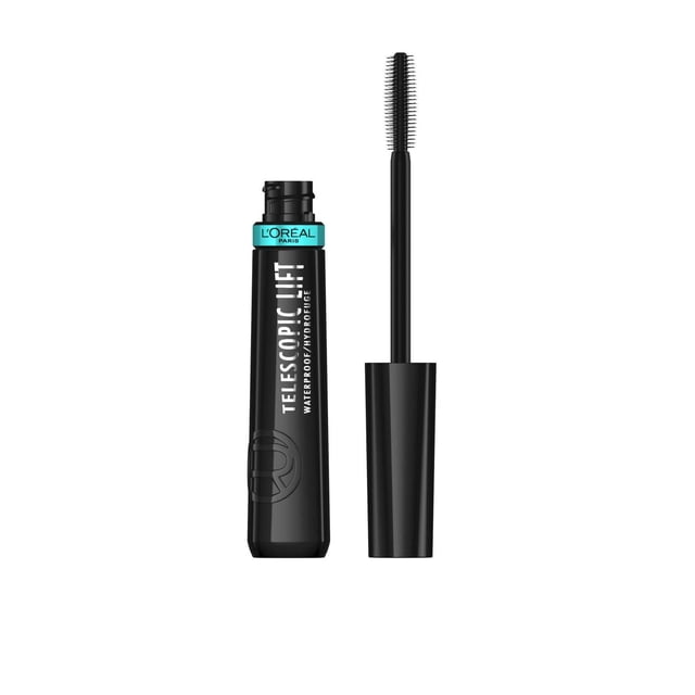 L'Oréal Paris Telescopic Lift Mascara in a black waterproof tube with turquoise brand label, featuring a double-hook bristle brush that lifts and lengthens lashes up to 5mm with volume and 36-hour hold, suitable for sensitive eyes.