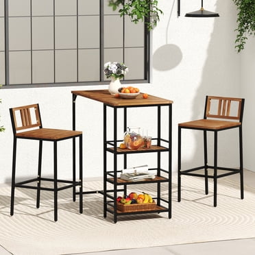 Gymax Ensemble de Bar en Bois d'Extérieur 3 Pcs avec Étagère de Rangement à 3 Niveaux et Cadre en Métal pour Cour Arrière
