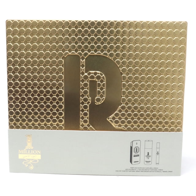 Paco Rabanne 1 Million Golden Oud 3pc Gift Set for Men, featuring a 100 ml Parfum Intense, 150 ml deodorant spray, and 10 ml travel spray. The packaging showcases a luxurious gold honeycomb design with the iconic '1 Million' logo. This woody-oriental fragrance highlights notes of oud, sandalwood, saffron, and black pepper, with a base of agarwood, leather, and patchouli. Ideal for evening wear, this set embodies the bold and sensual character of the 1 Million fragrance line.