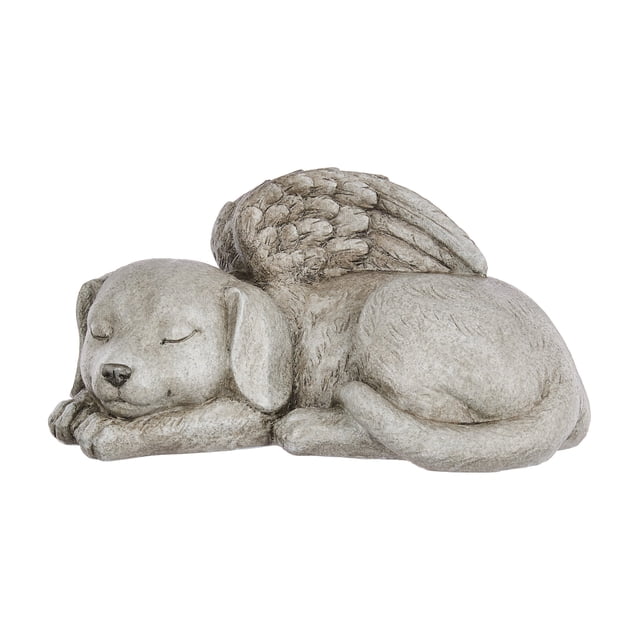 Mainstays Sleeping Dog Statue is a grey resin sculpture of a peacefully sleeping dog with detailed wings, measuring 7.6 inches long, 4.56 inches high, and 10 inches wide, ideal for garden, patio, or memorial decorative accents.