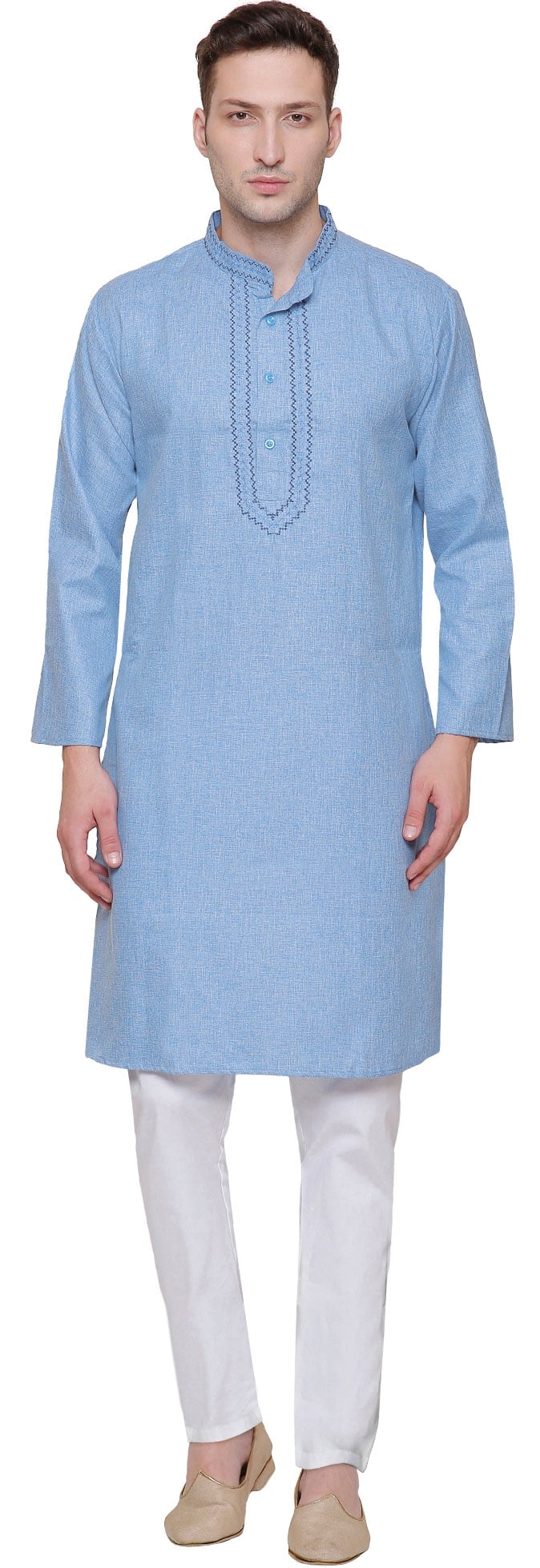 Maple Clothing Cotton Men's Embroidered Kurta Set Indian Apparel (Sky Blue, XL)