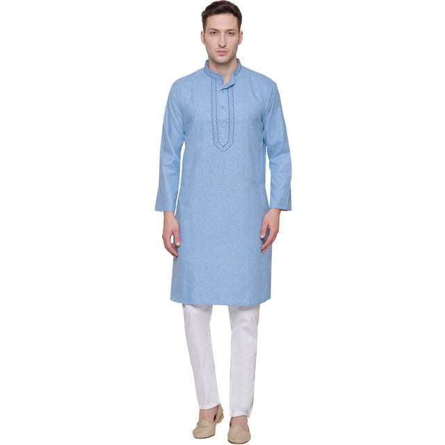 Traditional Cotton Men's Kurta Set Embroidered India Clothes (Sky Blue, M)