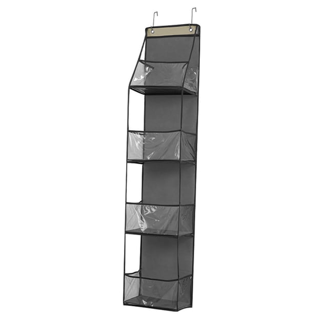 EGNMCR Over The Door Organizer Hanging Storage with large pockets and side mesh pockets in a gray color. The organizer features six spacious compartments with clear fronts for visibility and sturdy construction with metal hooks for hanging on doors or closets. Suitable for storing diapers, bottles, toys, clothes, and other items in bathrooms, pantries, bedrooms, or nurseries.