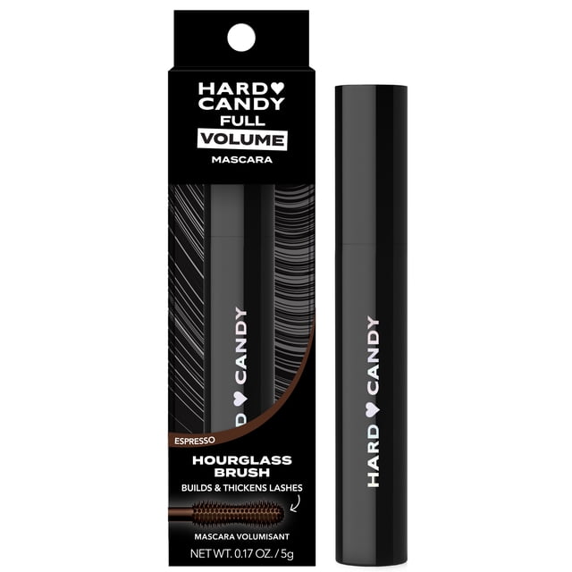 Hard Candy Mascara Volume Complet en Espresso avec Brosse Sablier, tube Cylindrique Noir et Emballage avec Texte Blanc et accent Brun, Formule Volumisante et Anti-Bavures Qui Donne du Volume aux Cils et les Épaissit, Végane et Sans Cruauté.