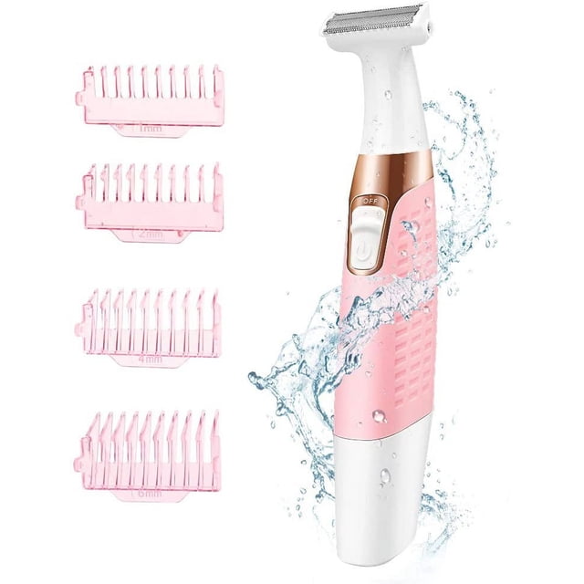 Electric Razor for Women, Painless 2-in-1 Wet & Dry Shaver Bikini Trimmer Razor Body Hair Removal for Woman Legs and Underarms front-facing view of a pink cordless electric shaver with curved ergonomic handle, textured anti-slip grip and removable trimming head; includes four plastic guide combs (1mm, 2mm, 4mm, 6mm), USB charging cable and cleaning brush on a white background. Designed for wet and dry use on legs, bikini area and underarms and often used for quick travel touch-ups.