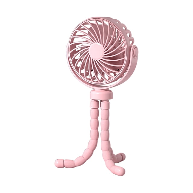 Portable handheld fan with a flexible octopus tripod in pink. The fan features a compact design with a circular grille and three bendable legs for versatile use, such as attaching to strollers, cribs, or placing on desks. It offers 3 adjustable wind speeds, dual-way 360° rotation, and a night light function. Made of ABS and PP materials, it operates quietly at 40-50dB and includes a rechargeable 800mAh battery for 2-3 hours of use. Dimensions are approximately 23.5 x 11.5 x 4 cm.