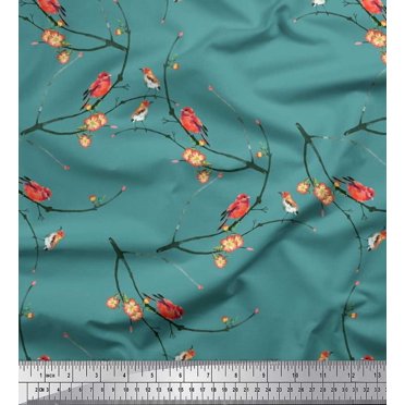 Soimoi Blue Rayon Fabric Branch,Floral & American Robin Bird Fabric Prints by Yard 56 Inch Wide