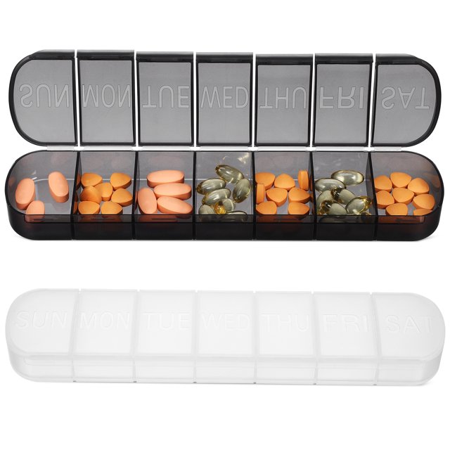 SHISUYAN 2 Pcs Weekly Pill Organizer Pill Box with seven divided compartments, each labeled with days of the week. The image shows one black translucent pill box filled with orange and yellow pills, and one white translucent pill box. Designed for portability, the pill boxes are lightweight and compact, ideal for travel. Each compartment has a tight seal to prevent spills and moisture.