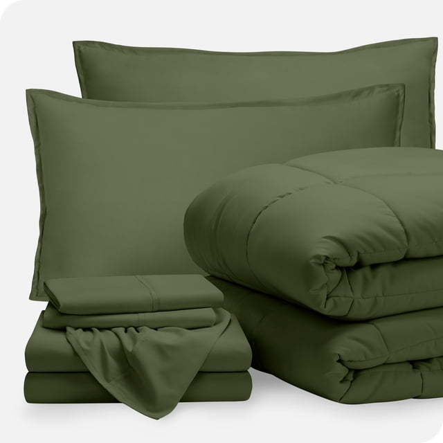 Bare Home 7-Piece Bed-in-a-Bag - Full, Green with Green Sheet Set
