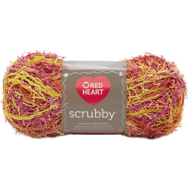 Red Heart® Scrubby™ Yarn, medium #4 polyester yarn in a multicolor blend of yellow, pink, and orange, 3.5oz/100g ball with 92 yards, ideal for knitting or crocheting dishcloths and exfoliating washcloths that dry quickly.