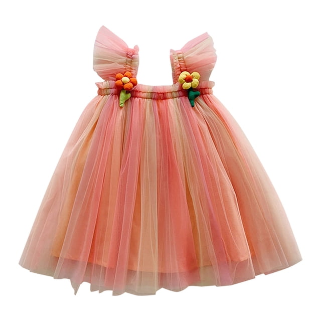 MEZZALL Robe Fleurie de Fête pour Tout-Petites Filles à Manches Volantées, Robe de Danse, Robe d'Été Confortable, Orange, 4-5 Ans